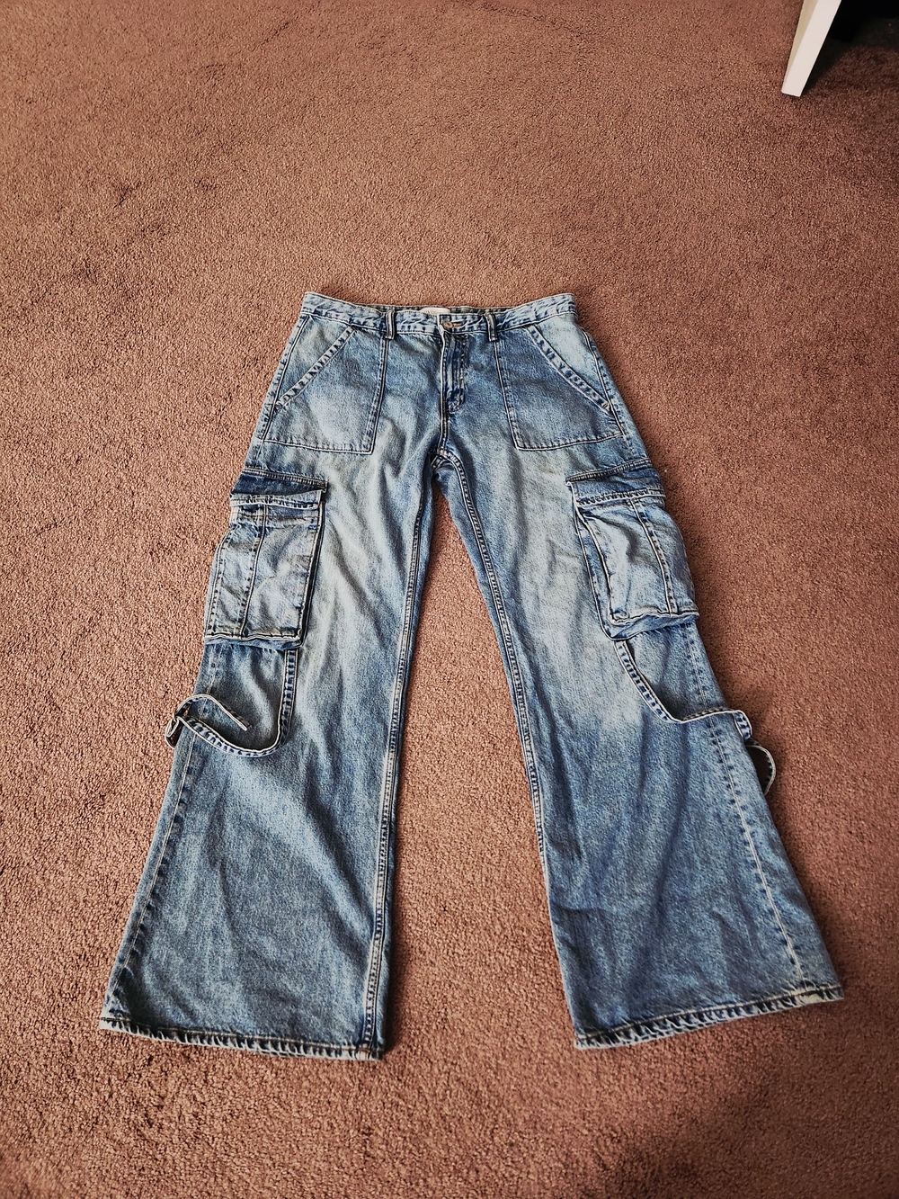 Zara Light Blue Denim Cargo Wide Leg Jeans